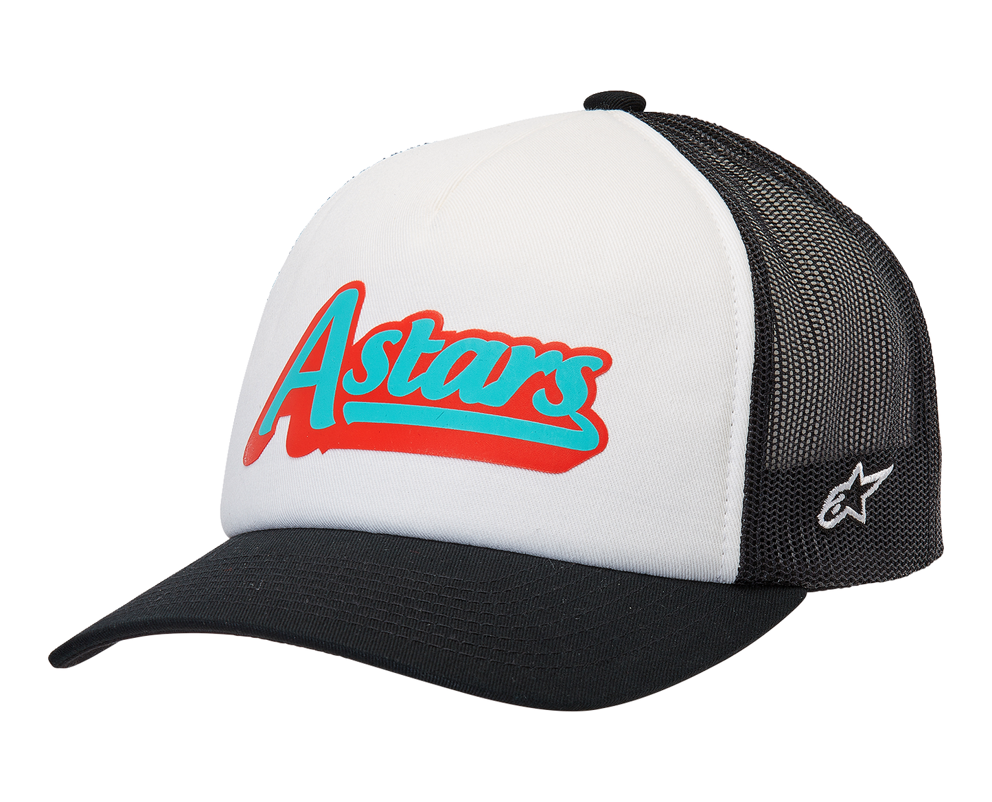 Alpinestars Delivery Trucker Hat in white and black with adjustable snapback and embroidered logo front view.