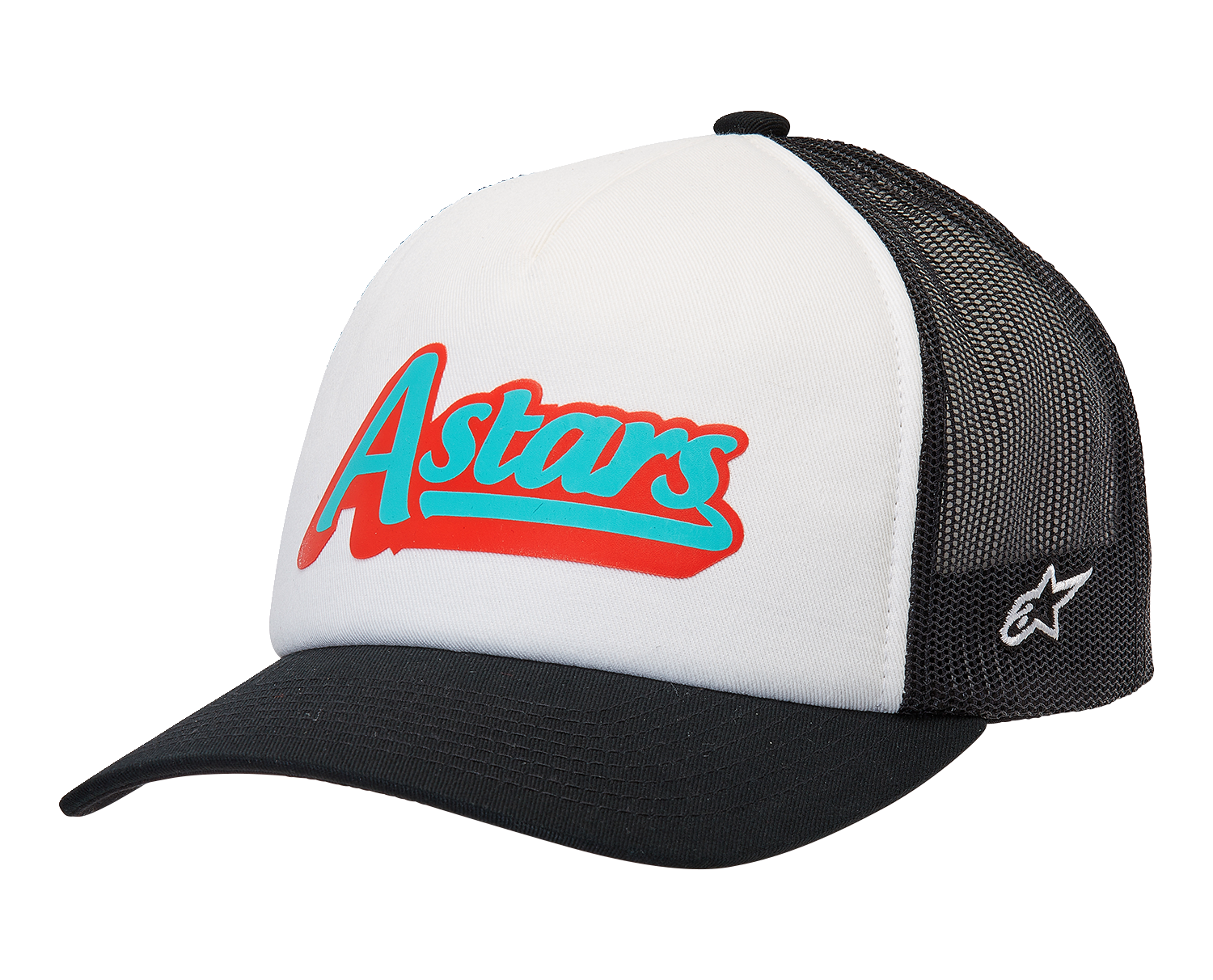 Alpinestars Delivery Trucker Hat in white and black with adjustable snapback and embroidered logo front view.