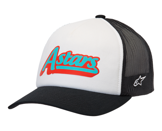Alpinestars Delivery Trucker Hat in white and black with adjustable snapback and embroidered logo front view.