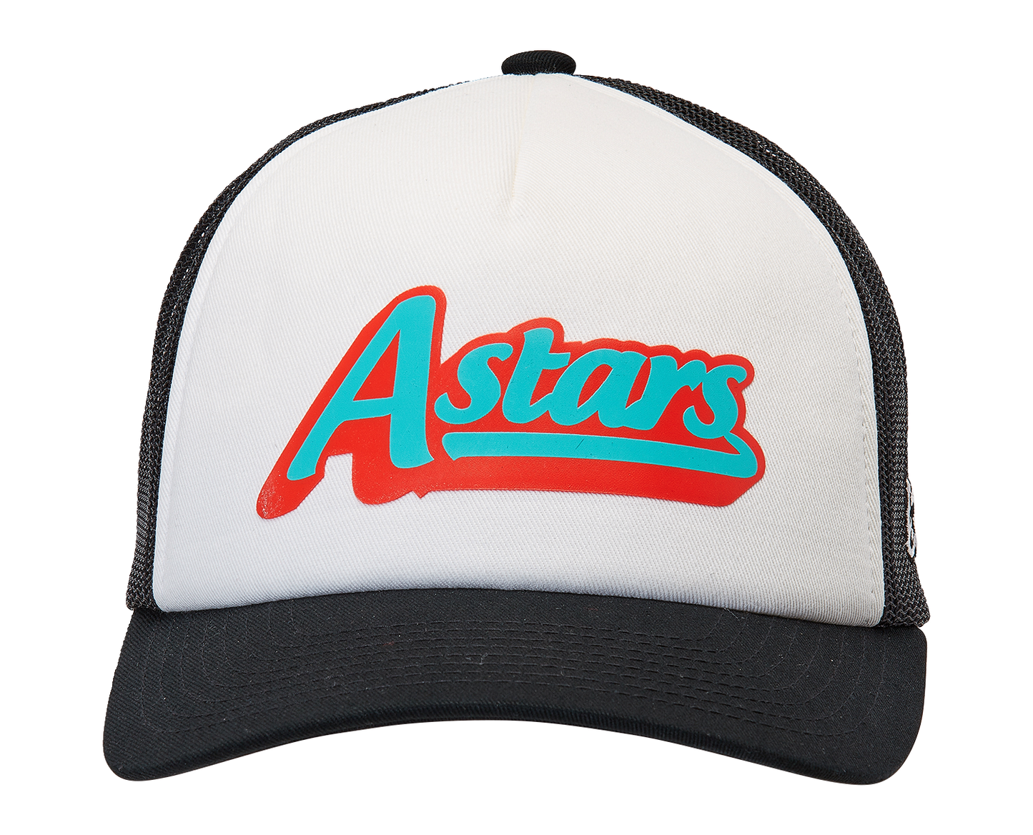 Alpinestars Delivery Trucker Hat in white and black with logo patch, casual style, adjustable snapback, front and mesh back panels