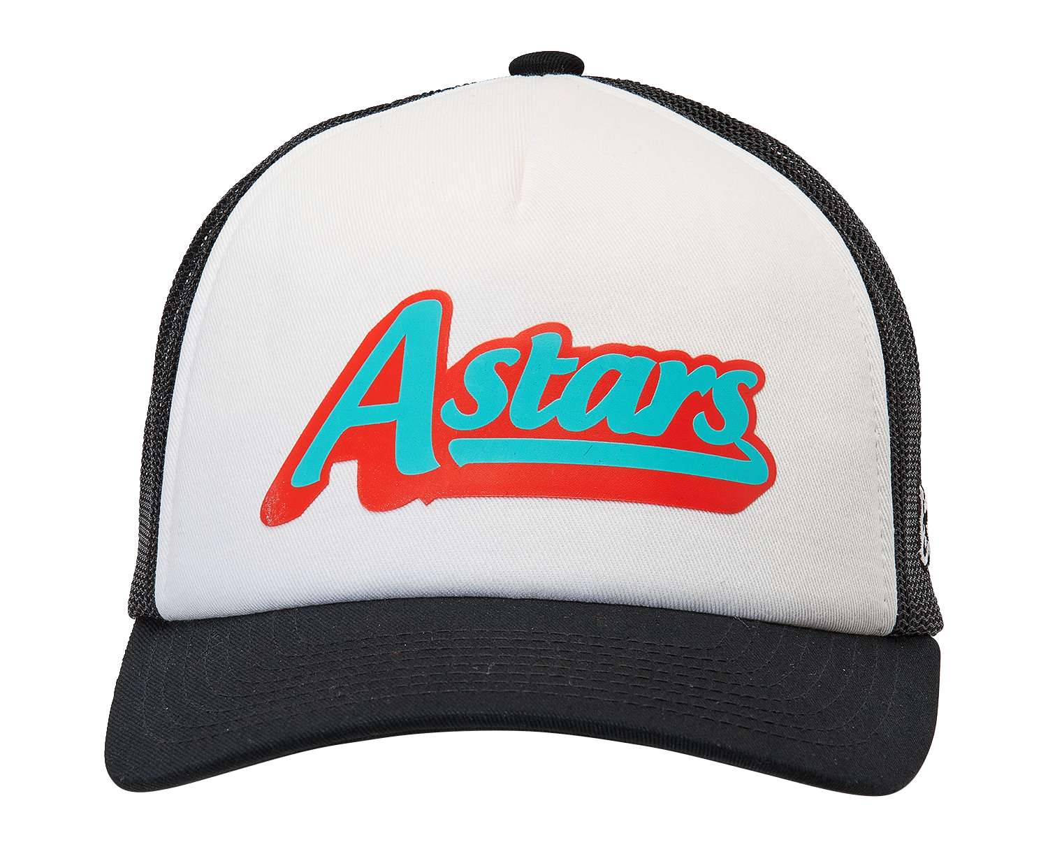 Alpinestars Delivery Trucker Hat in white and black with logo patch, casual style, adjustable snapback, front and mesh back panels
