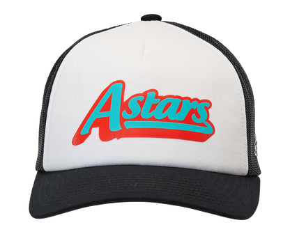 Alpinestars Delivery Trucker Hat in white and black with logo patch, casual style, adjustable snapback, front and mesh back panels