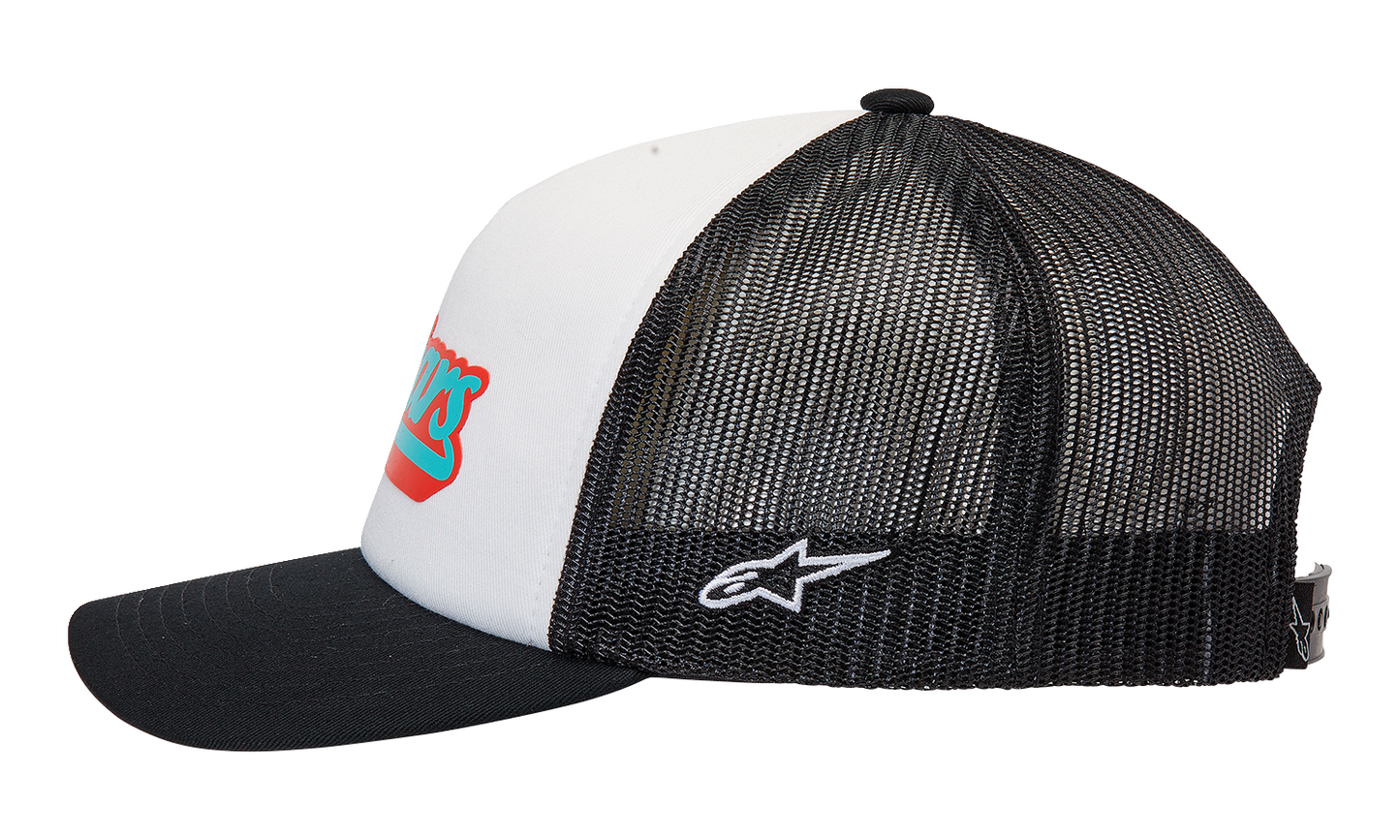 Alpinestars Delivery Trucker Hat in white and black with adjustable snapback and embroidered logo on front, part number 1213810102010OS.