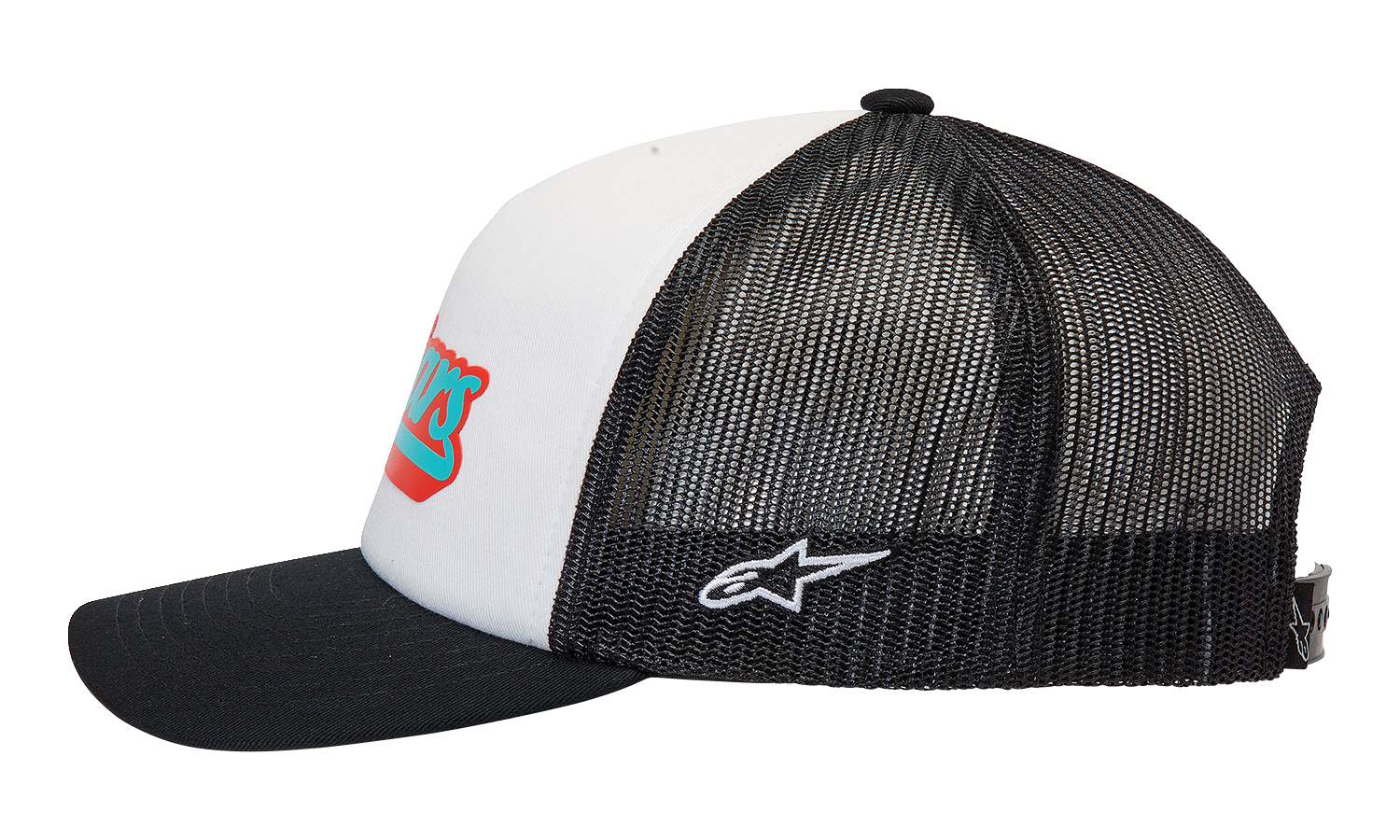 Alpinestars Delivery Trucker Hat in white and black with adjustable snapback and embroidered logo on front, part number 1213810102010OS.
