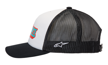 Alpinestars Delivery Trucker Hat in white and black with adjustable snapback and embroidered logo on front, part number 1213810102010OS.