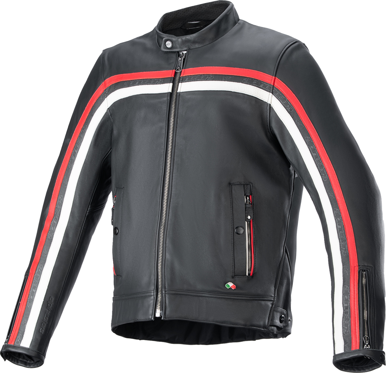 Alpinestars Dyno Leather Jacket 4XL in black, ruby red, and ecru with Tech-Air® 3 compatibility, displayed on a hanger.