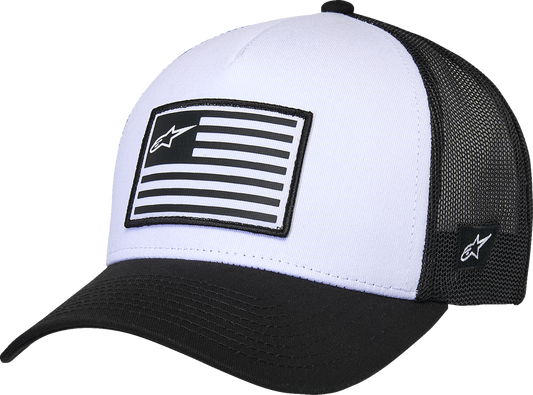 Alpinestars Flag Snapback Hat in white and black, featuring the ALPINESTARS logo and adjustable snapback closure.