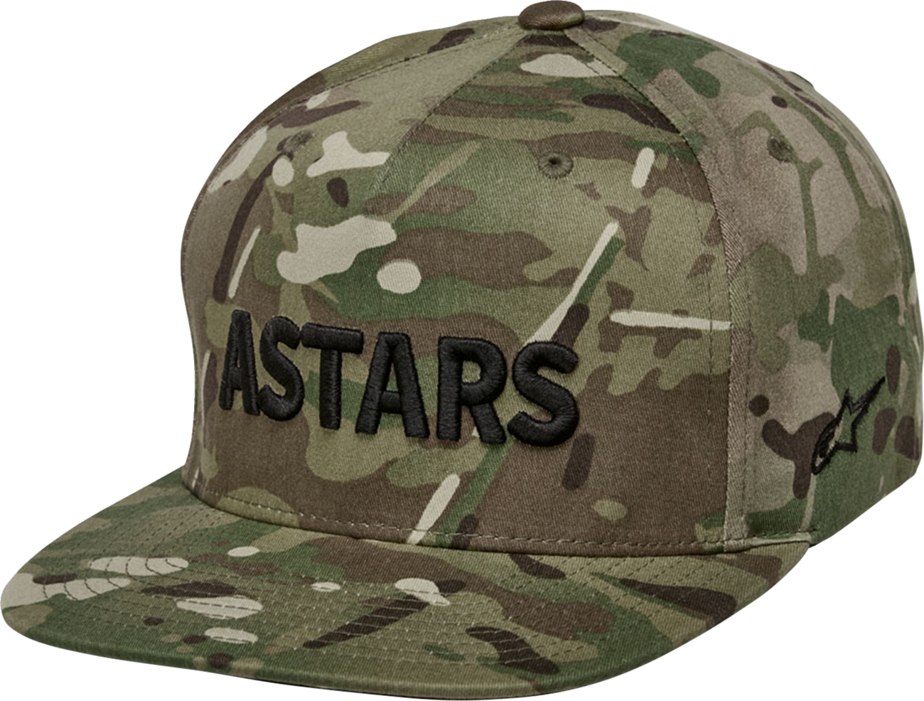 Alpinestars Gillis hat in green and black twill camo with 3D embroidery and logo details, stylish baseball cap with adjustable strap.