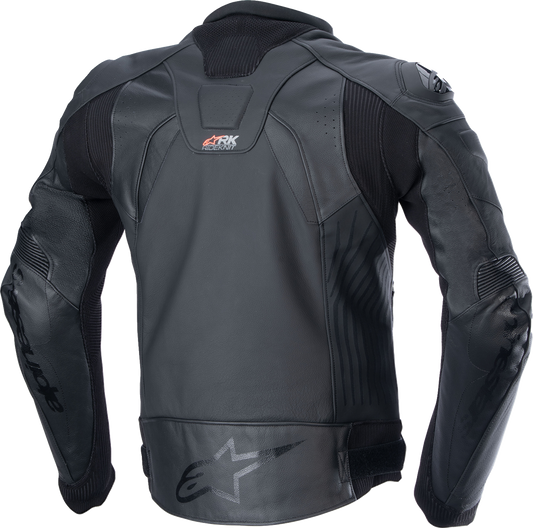 Alpinestars GP Plus R v4 Rideknit leather motorcycle jacket in black, shown from the front with detailed stitching and branding.