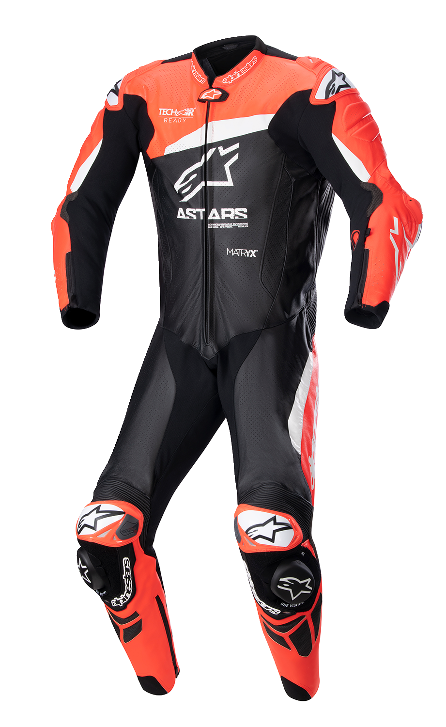 Alpinestars GP Plus v4 leather motorcycle suit in black, red fluo, and white, US 46 / EU 56, with protective armor details.