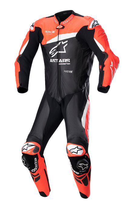 Alpinestars GP Plus v4 leather motorcycle suit in black, red fluo, and white, US 46 / EU 56, with protective armor details.