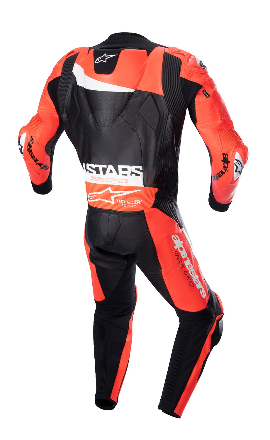 Alpinestars GP Plus v4 leather motorcycle suit in black, red fluo, and white, US 46 / EU 56, shown on a mannequin.
