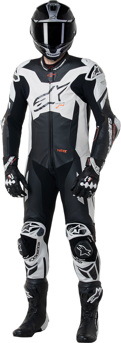 Alpinestars GP Plus v4 Sprint 1-piece leather motorcycle suit in black, red fluo, and white, US 40 / EU 50, displayed on a mannequin.