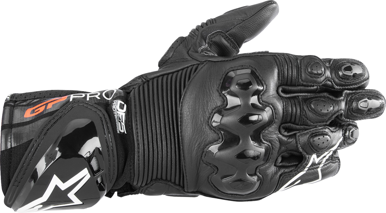 Alpinestars GP Pro R4 gloves in black, small size, with reinforced knuckles and breathable fabric for motorcycle riding.