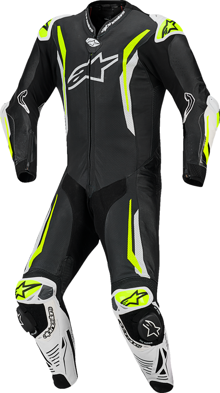 Alpinestars GP Tech v5 1-piece leather suit in black, white, and yellow fluo, US 46 / EU 56, with protective racing design.