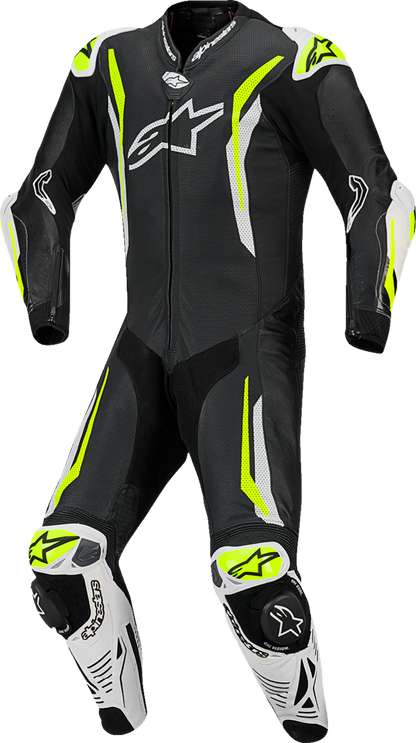 Alpinestars GP Tech v5 1-piece leather suit in black, white, and yellow fluo, US 46 / EU 56, with protective racing design.