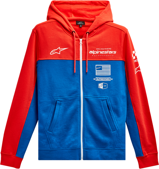 Alpinestars H Block Hoodie in warm red and bright blue, size medium, featuring bold color blocks and Alpinestars branding.
