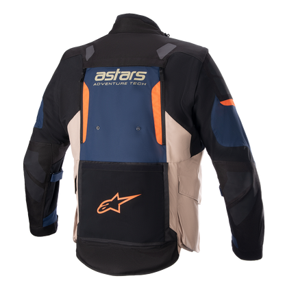 Alpinestars Halo Drystar® motorcycle jacket in blue, black, and orange, size XL, with visible protective padding and reflective details.
