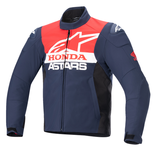 Alpinestars Honda SMX waterproof motorcycle jacket in blue, black, and red, size XL, with waterproof fabric and protective features.