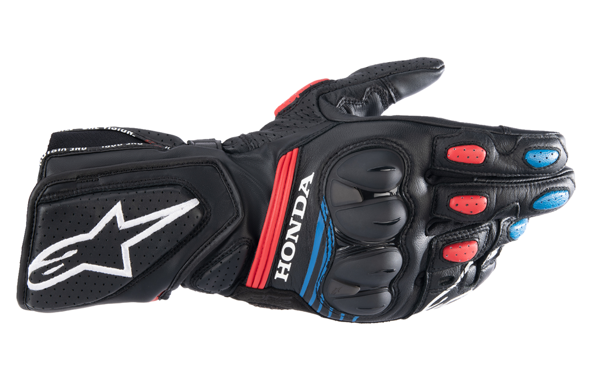 Alpinestars Honda SP-8 V3 motorcycle gloves in large size, black with bright red and blue accents, featuring protective knuckles.