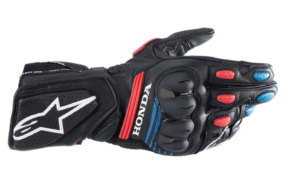 Alpinestars Honda SP-8 V3 motorcycle gloves in large size, black with bright red and blue accents, featuring protective knuckles.