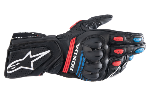 Alpinestars Honda SP-8 V3 motorcycle gloves in large size, black with bright red and blue accents, featuring protective knuckles.