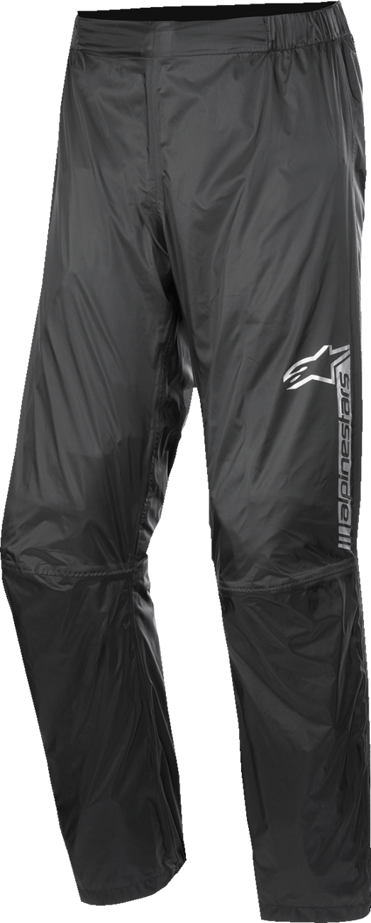 Alpinestars Hurricane V2 Rain Pants in black, small size, showing waterproof fabric and adjustable waist for motorcycle rain protection.