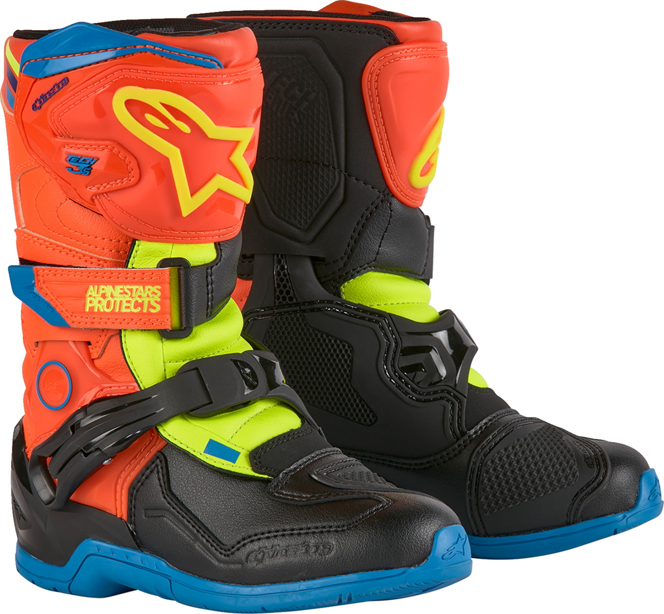 Alpinestars Kids Tech 3S motocross boots in fluorescent orange, yellow, and blue, size US 13 / EU 32, with protective design