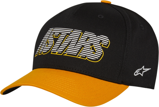 Alpinestars Lanes Hat in black, large/XL size, featuring the ALPINESTARS logo and sporty design, front view.