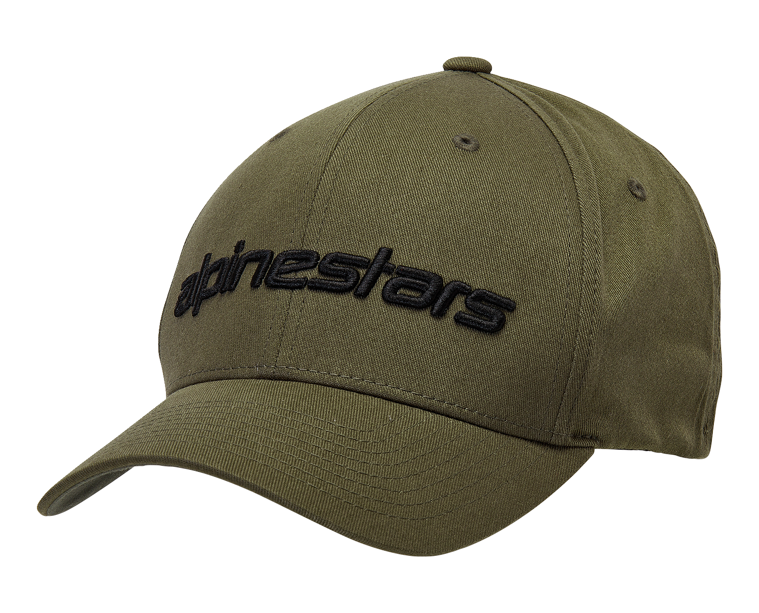 Alpinestars Linear Hat in Military Black with 3D logo embroidery and structured crown, available in size L/XL.