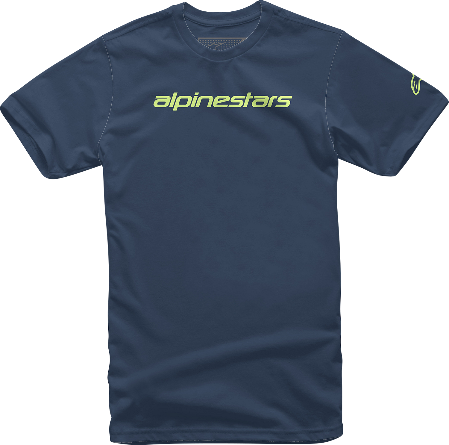 Alpinestars Linear Wordmark T-Shirt in navy and lime, medium size, featuring the brand logo design.