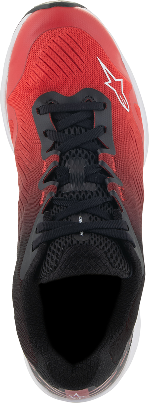 Alpinestars Meta Road V2 shoes in red, black, and white with US 8 size, showcasing durable, breathable performance footwear.