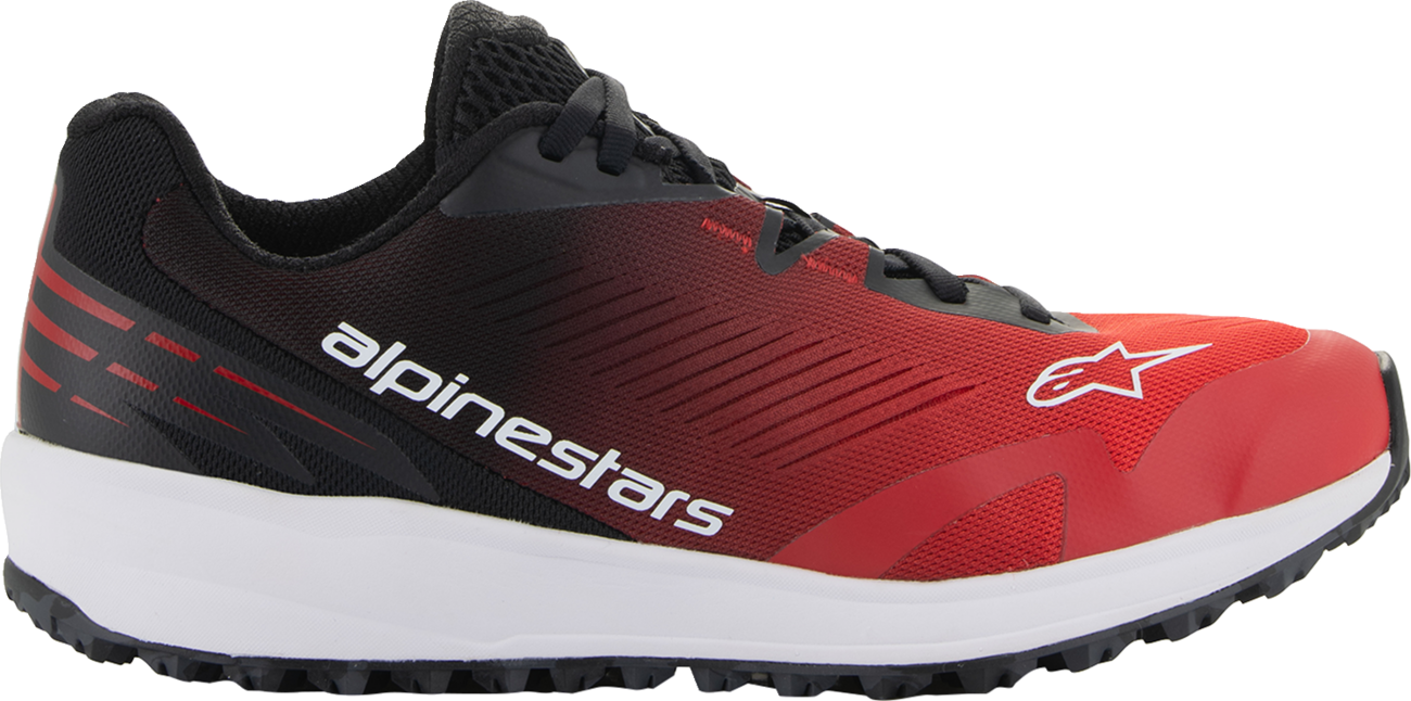 Alpinestars Meta Road V2 shoes in red, black, and white, US 8, showcasing durable, breathable performance footwear design.