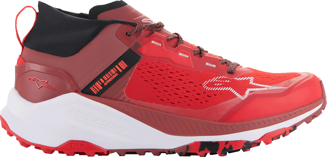 Alpinestars Meta XR v2 off-road running shoes in bright red, dark red, and white, size US 9 / EU 42, with rugged design and branding