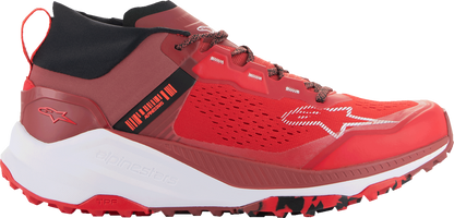 Alpinestars Meta XR v2 off-road running shoes in bright red, dark red, and white, size US 9 / EU 42, with rugged design and branding