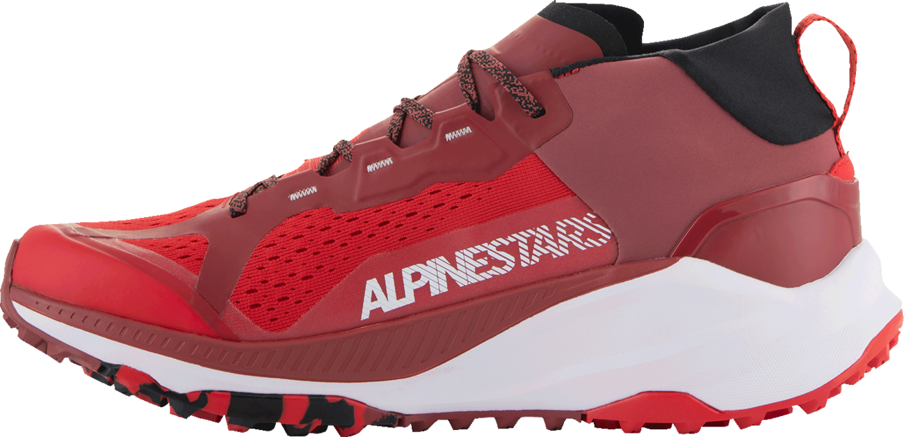 Alpinestars Meta XR V2 off-road running shoes in bright red, dark red, and white, US size 9, EU 42, with rugged design and laces.