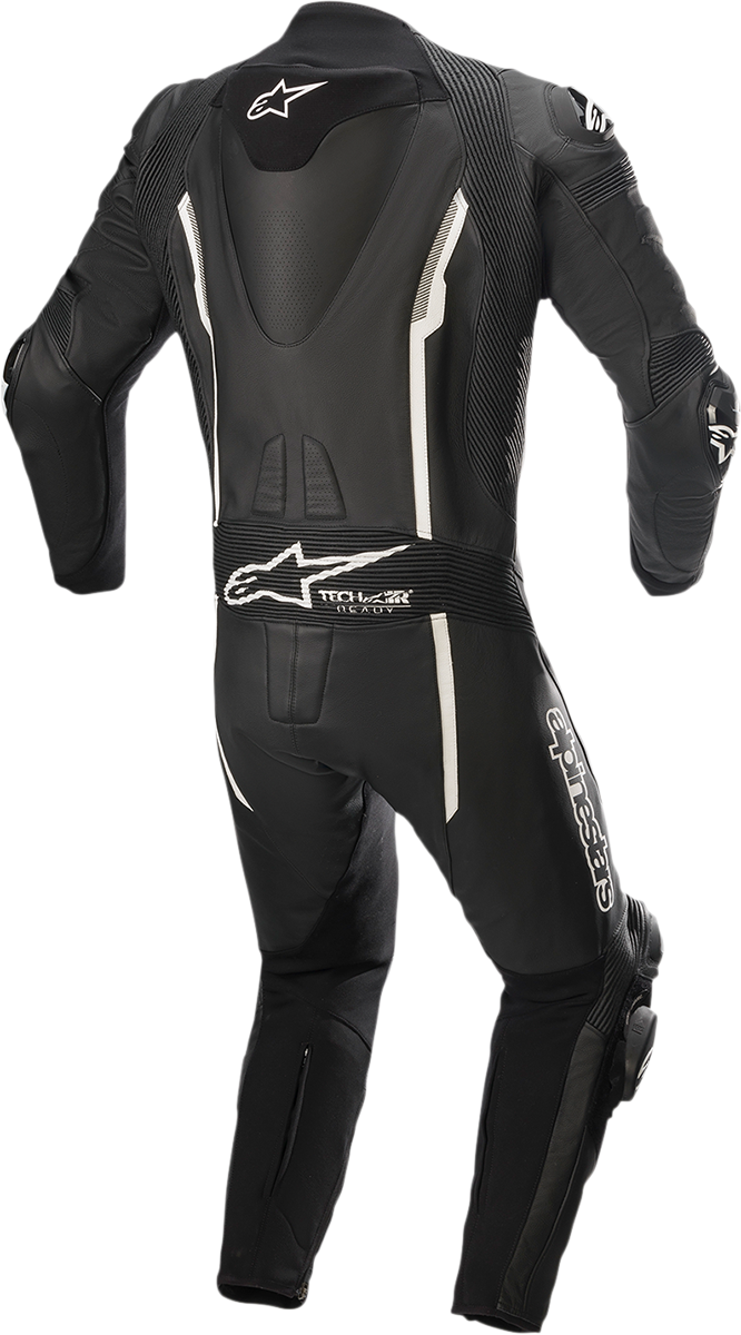 Alpinestars Missile v2 1-piece racing leather suit in black and white, US 44, EU 54, featuring protective padding and sleek design.