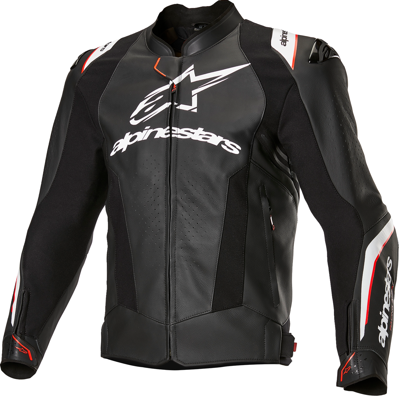 Alpinestars Missile v3 Ignition Leather Jacket in black and white, US size 42, featuring protective armor and stylish design.