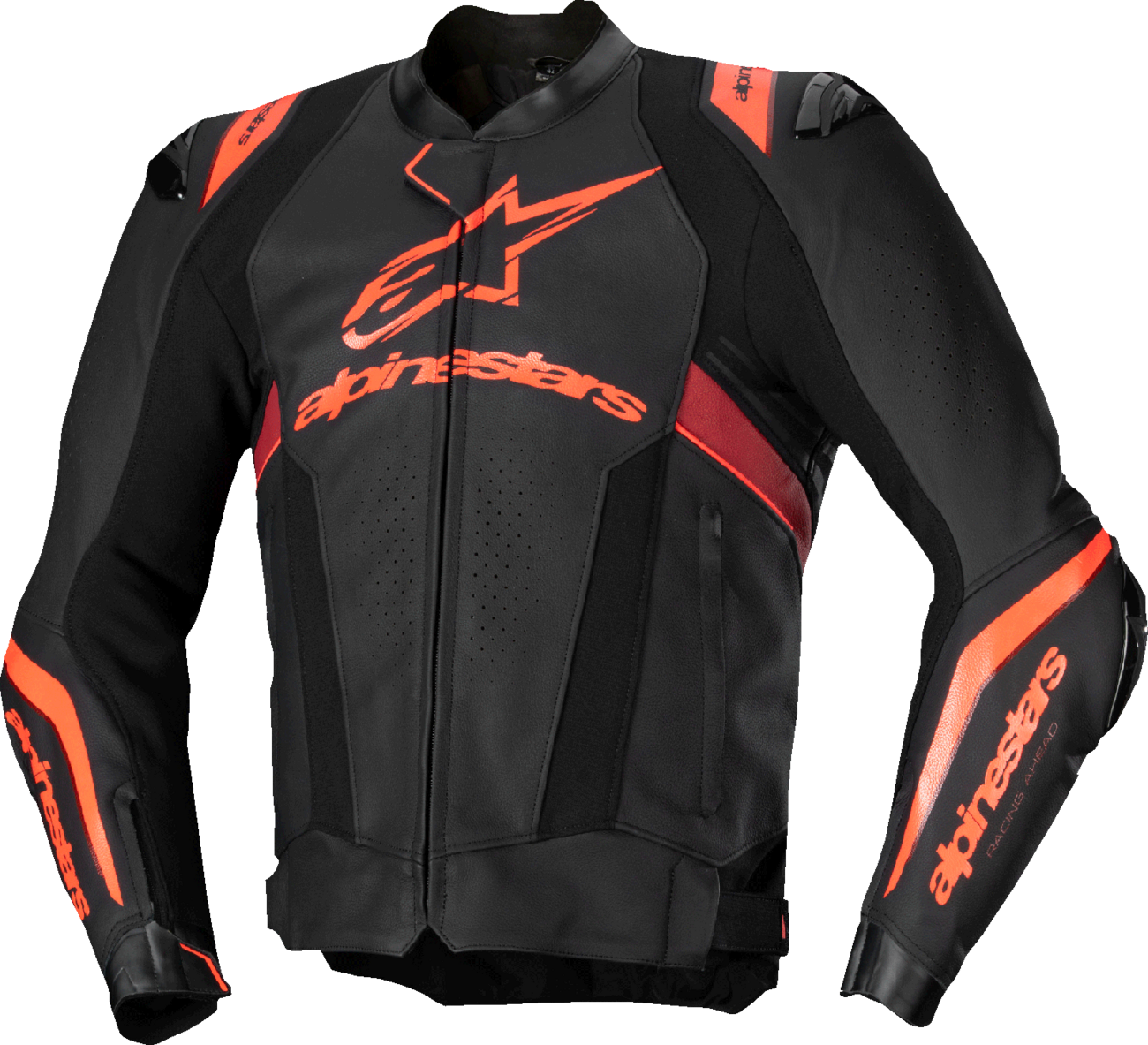 Alpinestars Missile v3 Ignition leather motorcycle jacket in black, red, and fluo with armor details, US 40 / EU 50 size.