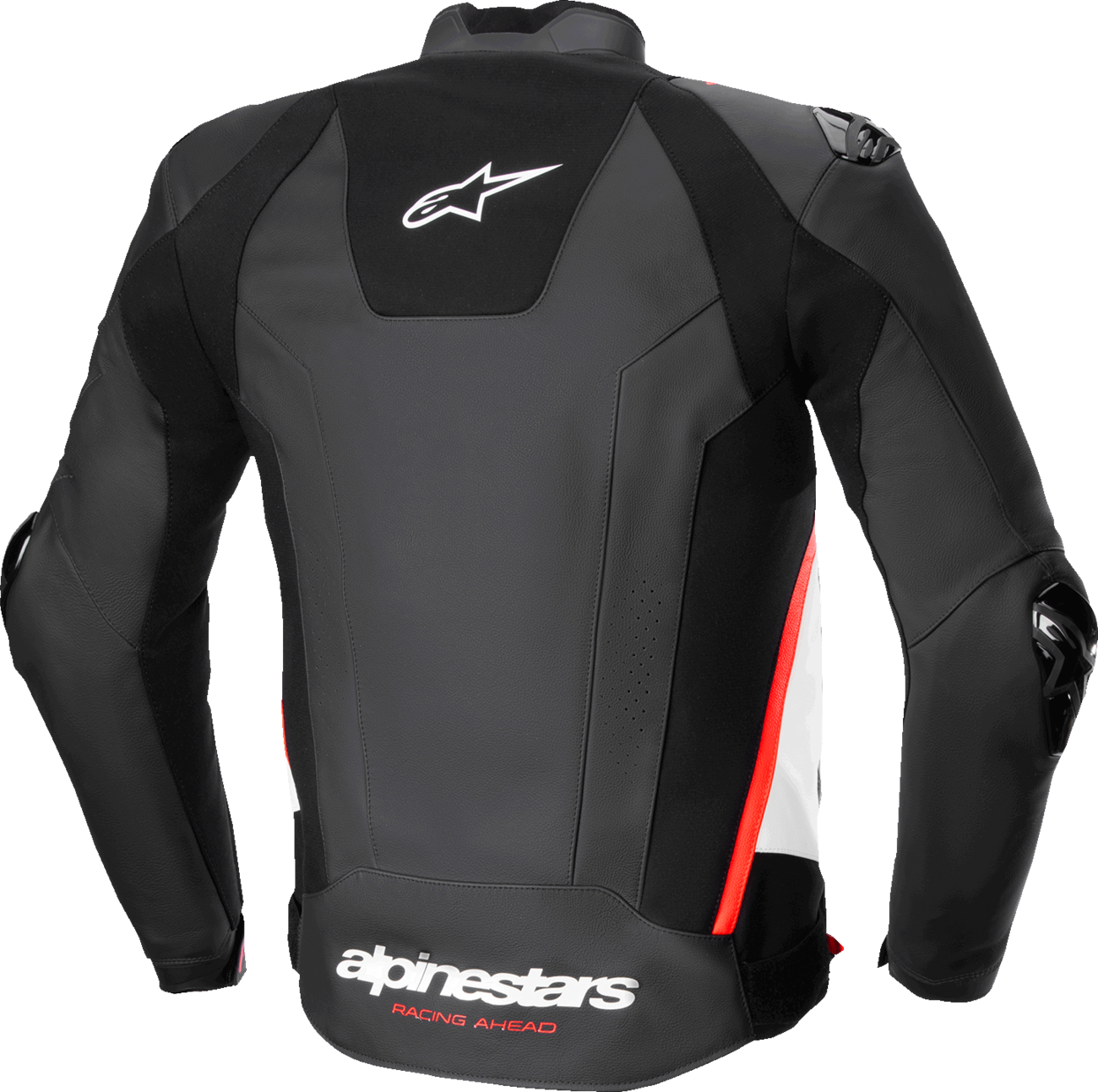 Alpinestars Missile v3 leather motorcycle jacket in black, white, and red fluo with armor details and zipper closures.