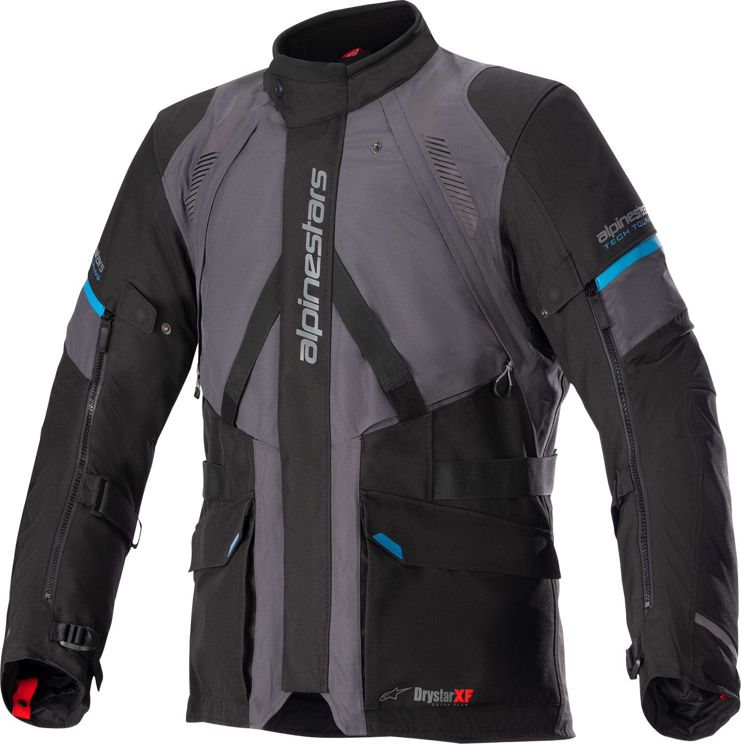 Alpinestars Monteira Drystar XF jacket in gray, black, and blue with durable 2L hard shell and detachable thermal liner.