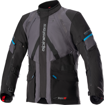 Alpinestars Monteira Drystar XF jacket in gray, black, and blue with durable 2L hard shell and detachable thermal liner.