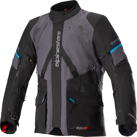 Alpinestars Monteira Drystar XF jacket in gray, black, and blue with durable 2L hard shell and detachable thermal liner.