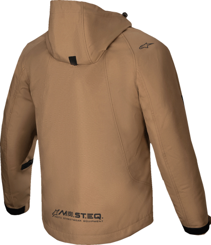 Alpinestars Morush WP waterproof utility jacket in brown, XL size, showing front view with zip closure and hood.