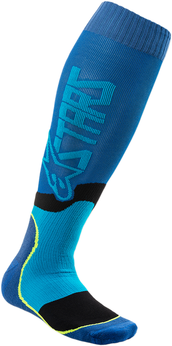 Alpinestars MX Plus-2 Socks Medium in black and cyan, featuring moisture-wicking fabric and reinforced areas for motocross riding.
