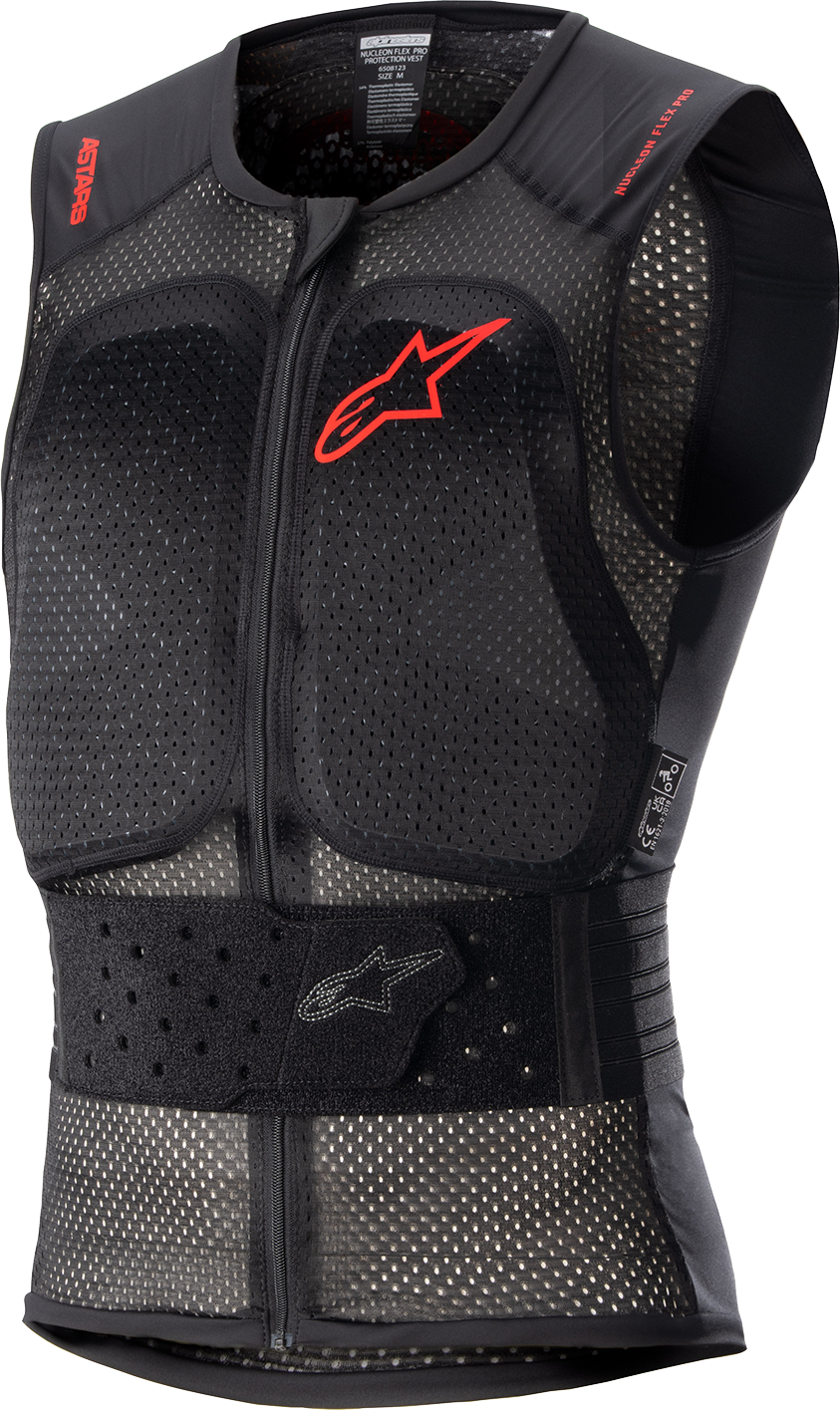 Alpinestars Nucleon Flex Pro Protection Vest in black and red, small size, shown on a model for motorcycle safety.
