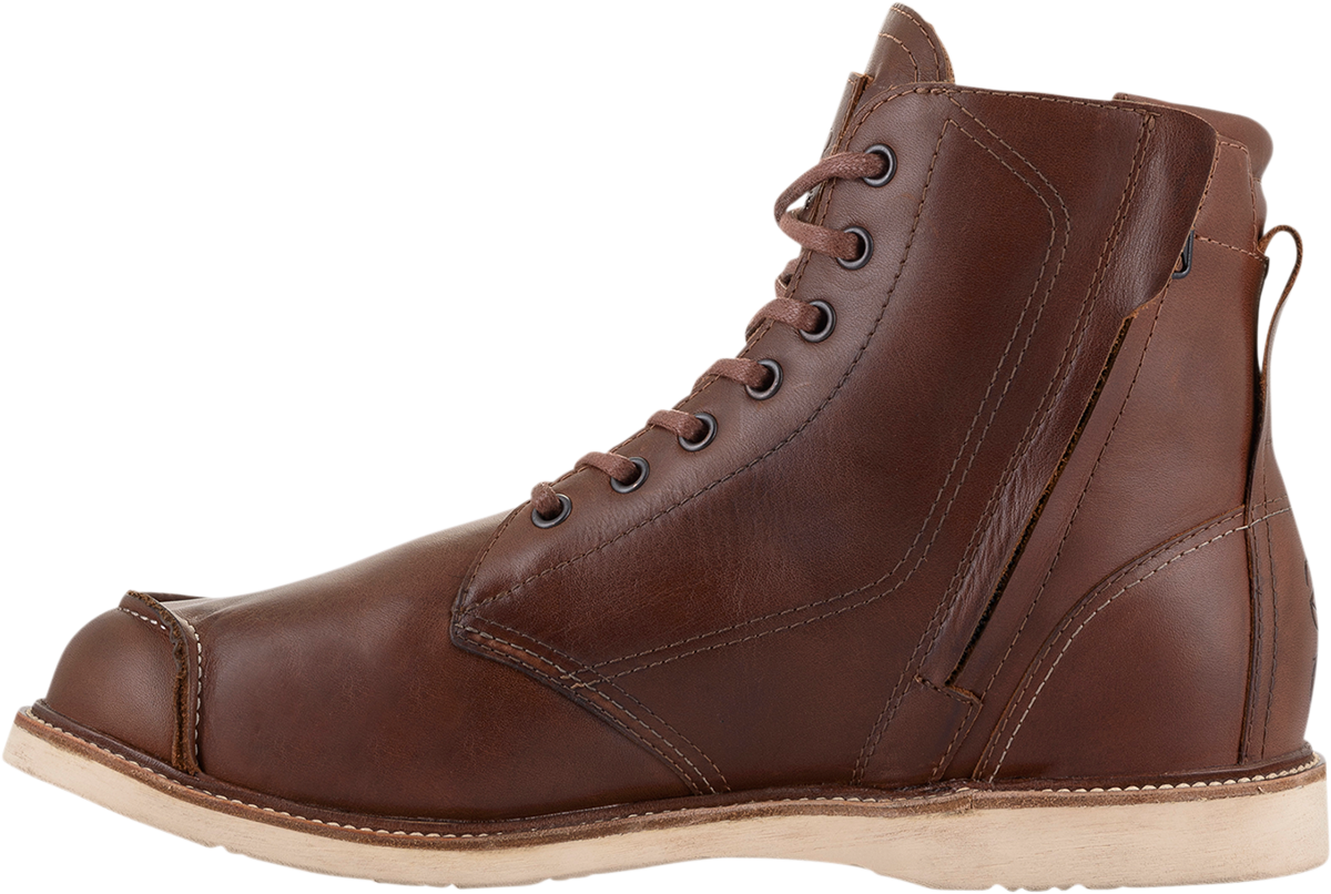 Alpinestars Oscar Monty v2 brown motorcycle boots with ankle support, US 8.5 size, side zipper and rugged sole.