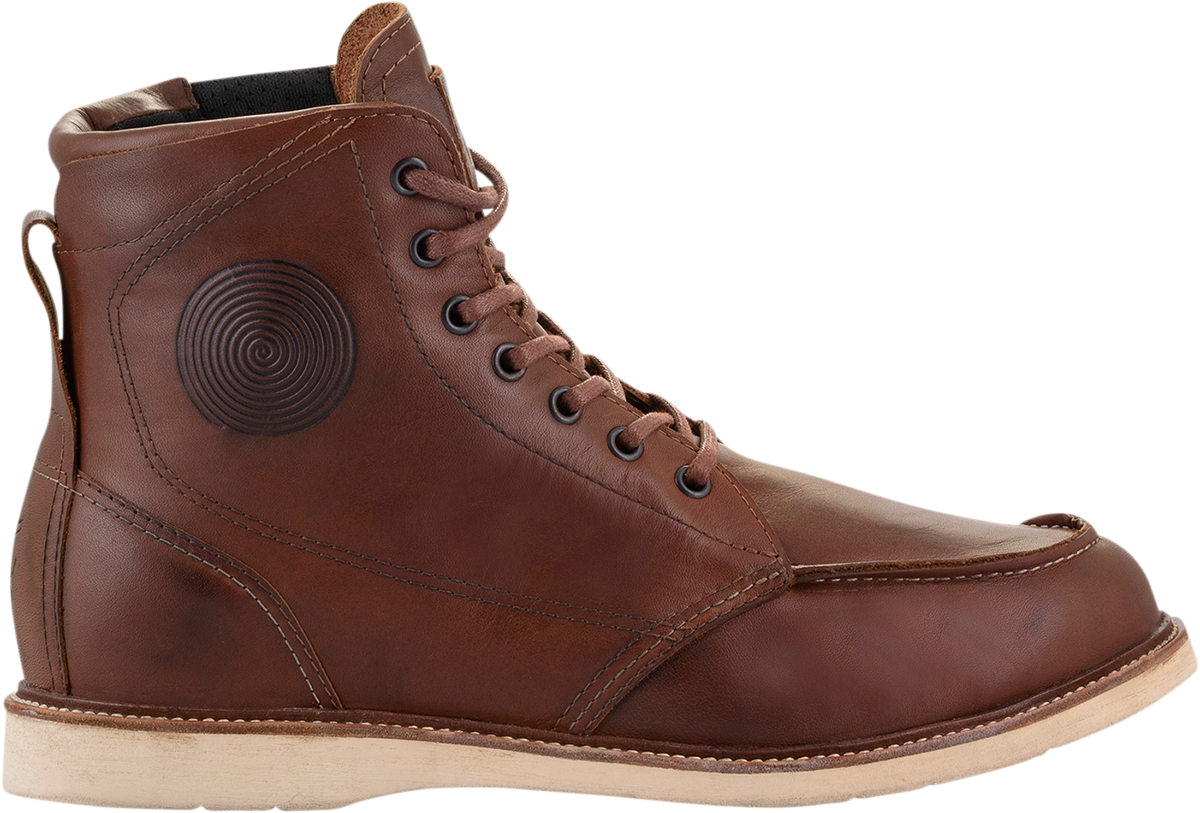 Alpinestars Oscar Monty V2 motorcycle boots in brown, US 8.5, featuring leather construction and protective ankle padding.