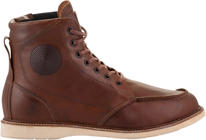 Alpinestars Oscar Monty V2 motorcycle boots in brown, US 8.5, featuring leather construction and protective ankle padding.