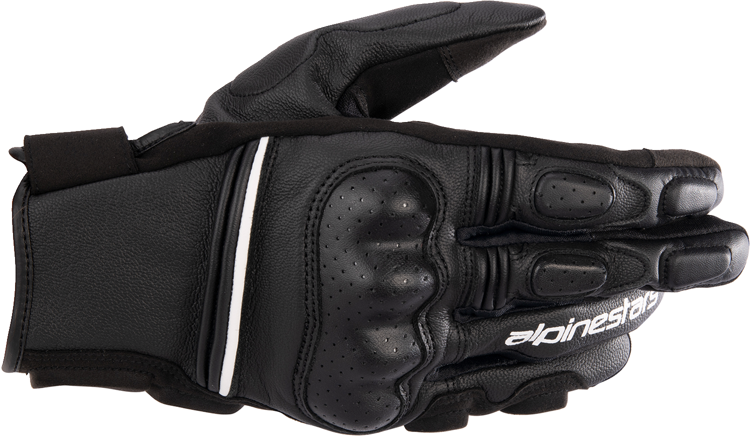 Alpinestars Phenom motorcycle gloves in black and white, 2XL size, featuring protective padding and durable synthetic leather.